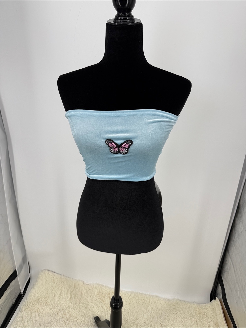 Romwe Y2K style Light Blue Velvet Butterfly Tube Top size small nwt